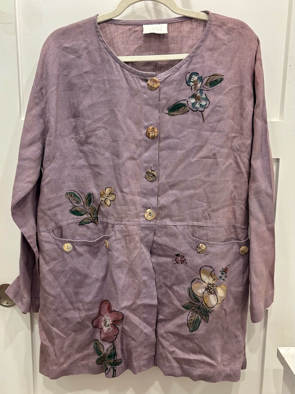 Vintage Chalet Lavender Button-Front Blazer Jacket w/ Painted Flowers Lagenlook